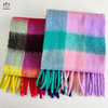 Rainbow checked scarf with tassels.